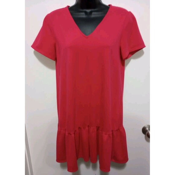Draper James Size Small Pink Short Sleeve Solid Flounce Shift Dress V Neck - Picture 2 of 10